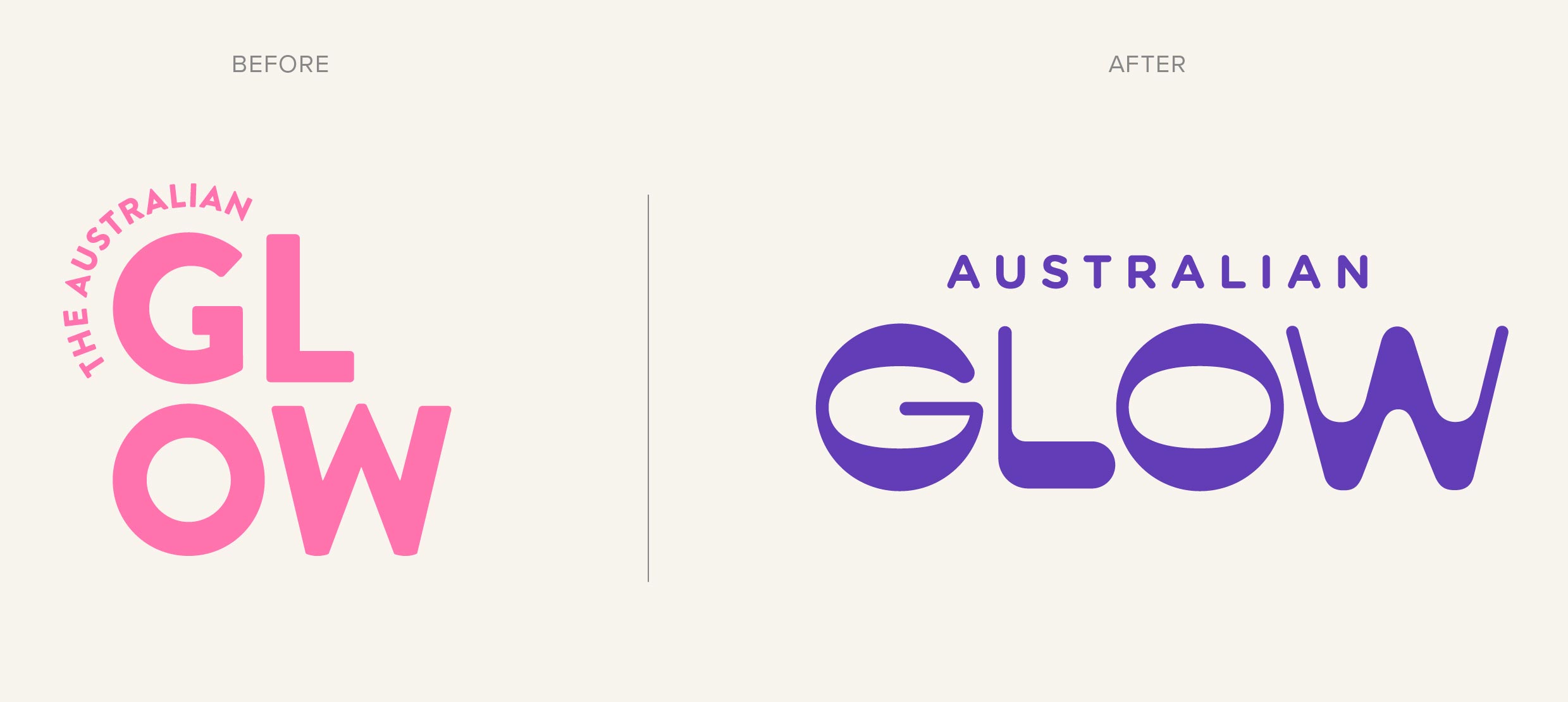 Australian Glow logo, before and after